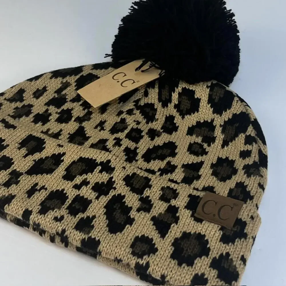 C.C Leopard Print‎ Beanie with Pom Pom